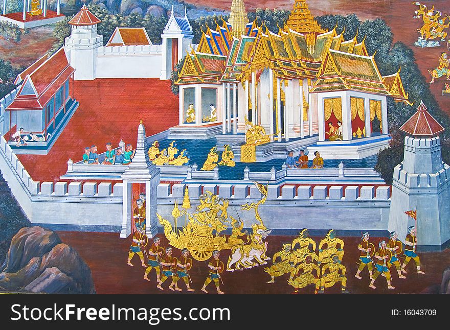 Beautiful Scene Painted on a Temple window at Grand Palace, Bangkok, Thailand.