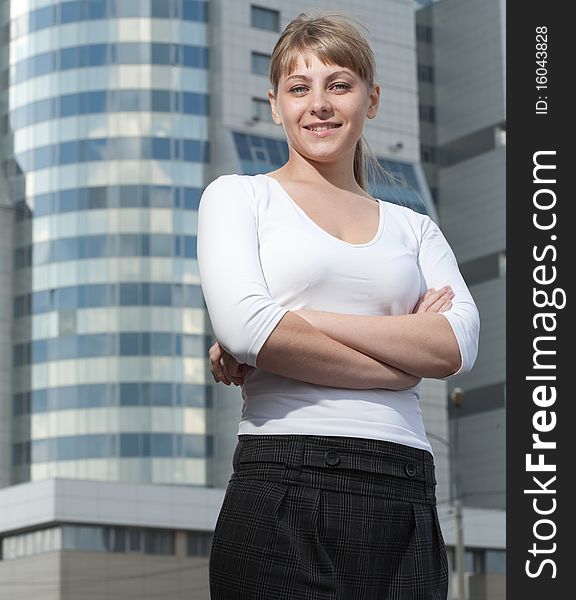 Beauty business woman on modern glass building