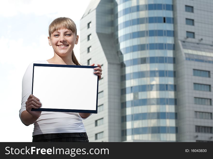 Beauty business woman on modern glass building with document