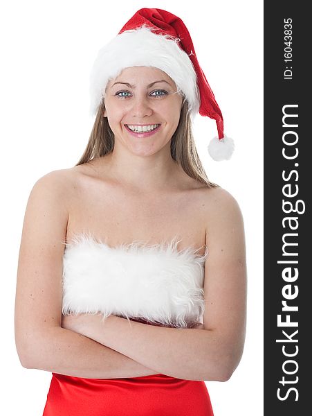 Woman in red santa hat over white background