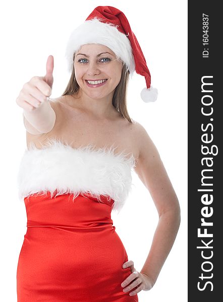 Woman in red santa hat over white background