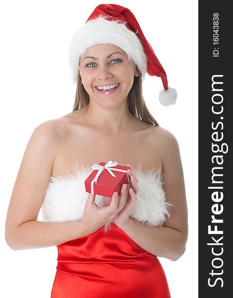 Beauty woman in  Santa hat with present