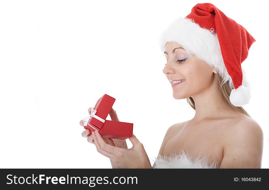 Beauty woman in  Santa hat with present isolated on white