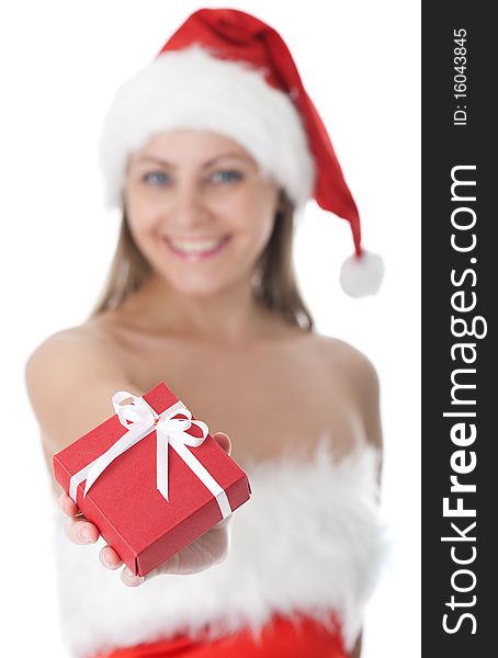 Beauty Woman In  Santa Hat With Present