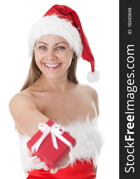 Beauty Woman In  Santa Hat With Present