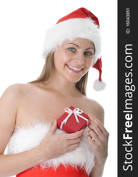 Beauty woman in  Santa hat with present