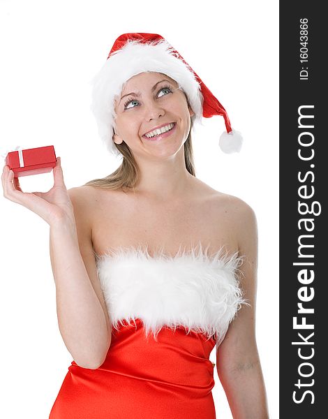 Beauty woman in Santa hat with present isolated on white. Beauty woman in Santa hat with present isolated on white