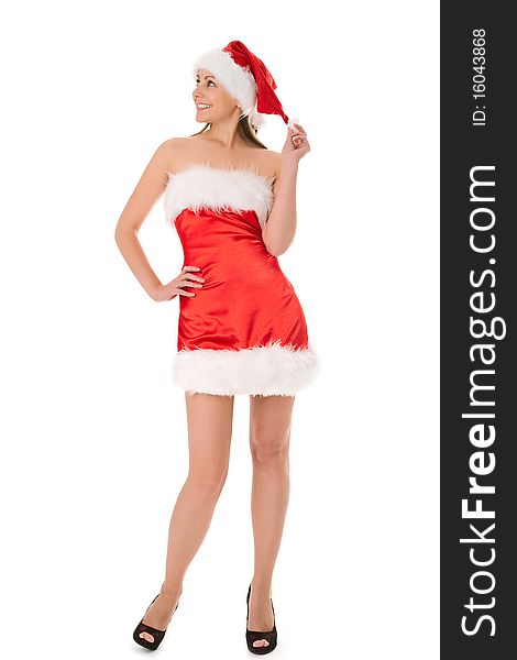 Woman in red santa hat over white background