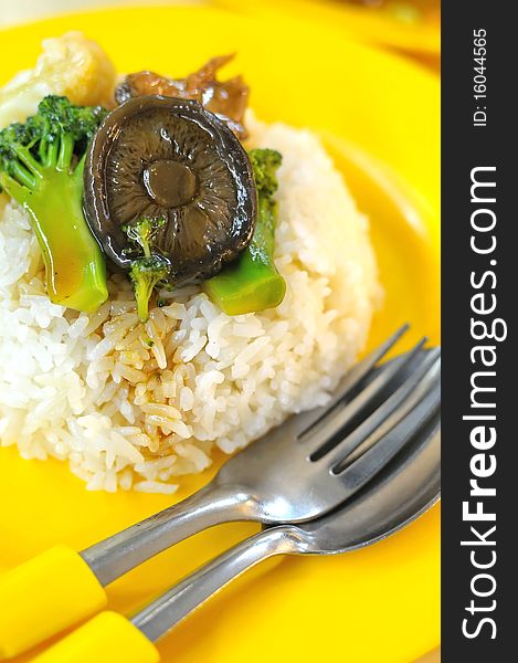 White steamed rice with vegetables and mushroom cooked oriental style. Rice is the stable diet in most Asian countries. For diet and nutrition, healthy eating and lifestyle concepts. White steamed rice with vegetables and mushroom cooked oriental style. Rice is the stable diet in most Asian countries. For diet and nutrition, healthy eating and lifestyle concepts.