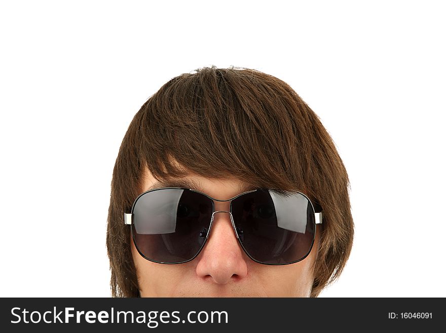 Head of the young man in sunglasses isolated on a white background