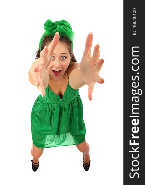 The young girl pulls hands upwards is isolated on a white background