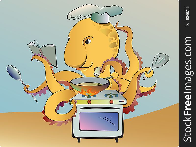 The octopus is engaged in cooking. The octopus - the dexterous cook, at it all turns out in eight times faster.