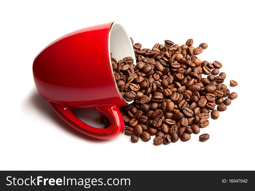 Cup with grain coffee isolated on white background