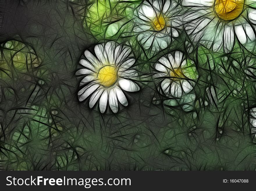 Painted flowers - marguerites in the grass. Painted flowers - marguerites in the grass