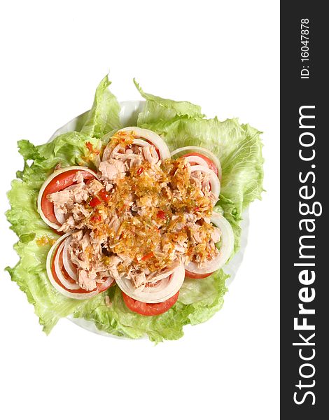 Thai spicy Tuna with Green salad onion and tomato isolated on white. Thai spicy Tuna with Green salad onion and tomato isolated on white