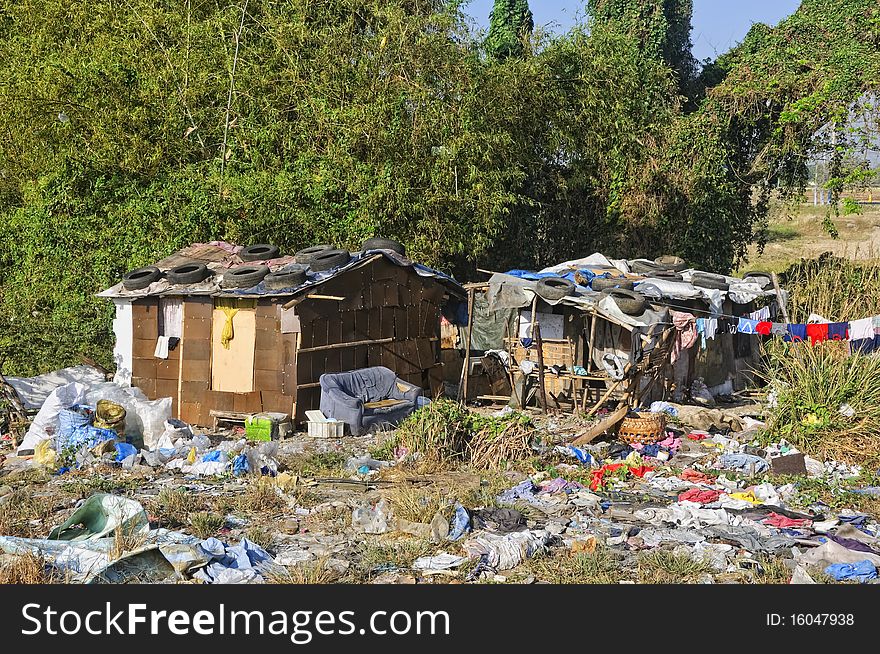 Shanties of illegal settlers in a garbage dump