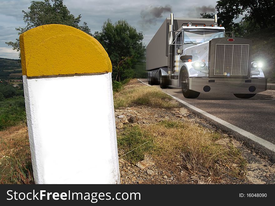 On a mountain road, a heavy truck of transportation of goods, lit switched on.
At the foreground, a road border without registration, to place the wished text there. (Phone number, name of a company, a logo, a slogan...). On a mountain road, a heavy truck of transportation of goods, lit switched on.
At the foreground, a road border without registration, to place the wished text there. (Phone number, name of a company, a logo, a slogan...)