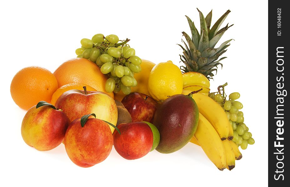 Assortment of fresh fruits on white background