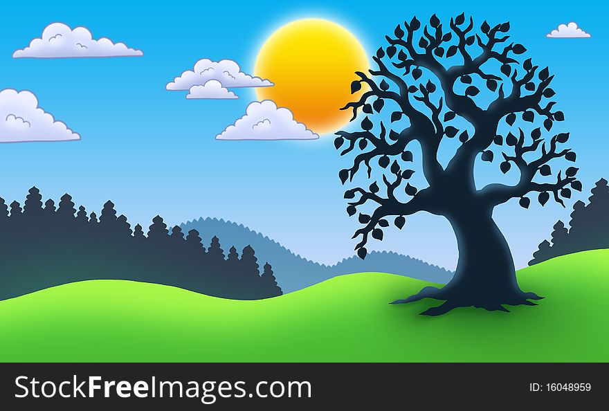 Leafy tree silhouette in landscape - color illustration.