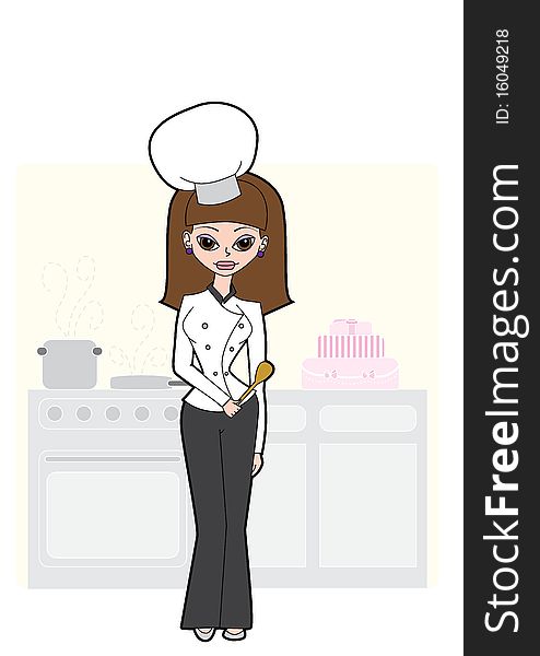 A retro stylish cooker character with a wood spoon in her hand. A retro stylish cooker character with a wood spoon in her hand