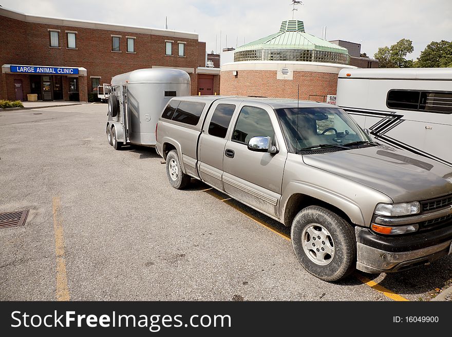 Truck And Stock Trailer At Veterinary Clinic