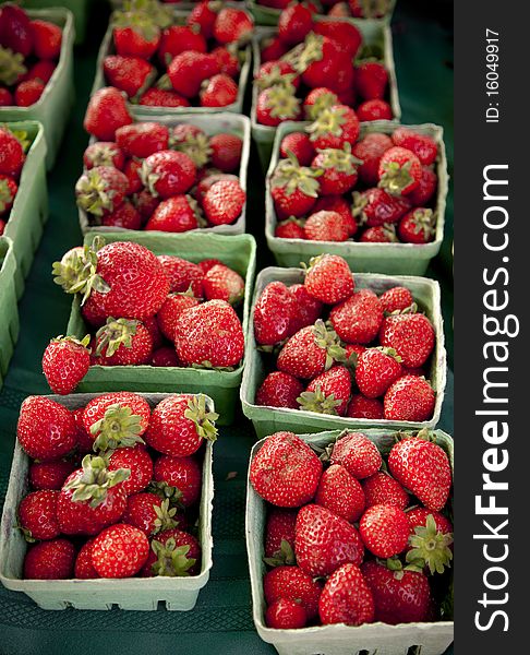 Vertical format shot of strawberries in green boxes. Taken at a Farmers' Market. Vertical format shot of strawberries in green boxes. Taken at a Farmers' Market