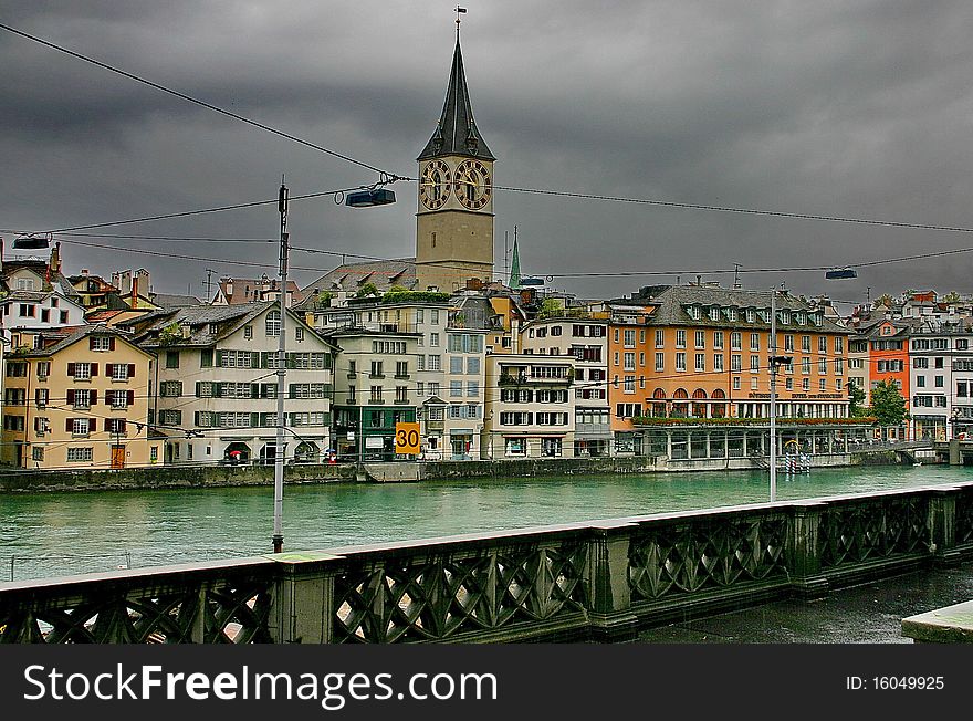 Zurich. The bund of river Limmat in rainy weather