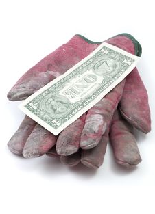 Red Worn Work Gloves With Dollar Royalty Free Stock Images Red Worn Work Gloves With Dollar Royalty Free Stock Images