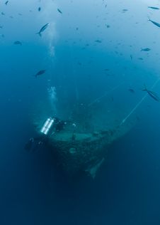 Scuba Diver Exploring Shipwreck SS Thistlegorm Royalty Free Stock Photo Scuba Diver Exploring Shipwreck SS Thistlegorm Royalty Free Stock Photo