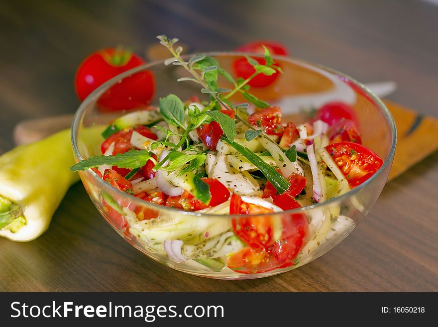 Salad In Glass Dish In The Kitchen