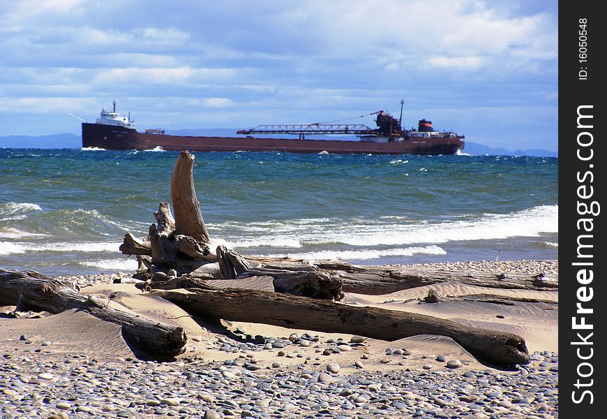 Busy working barge on a windy Lake Superior. Busy working barge on a windy Lake Superior