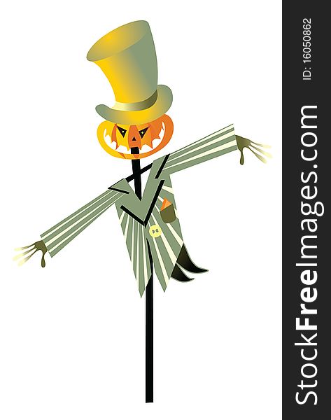 Scarecrow, orange pumpkin and big hat