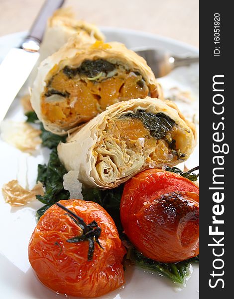 Filo parcels stuffed with squash, artichoke and spinach. Filo parcels stuffed with squash, artichoke and spinach