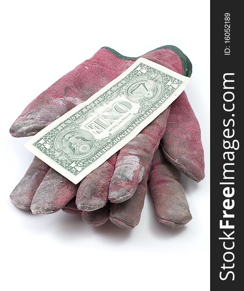 Red Worn Work Gloves with Dollar Note:Differential focus