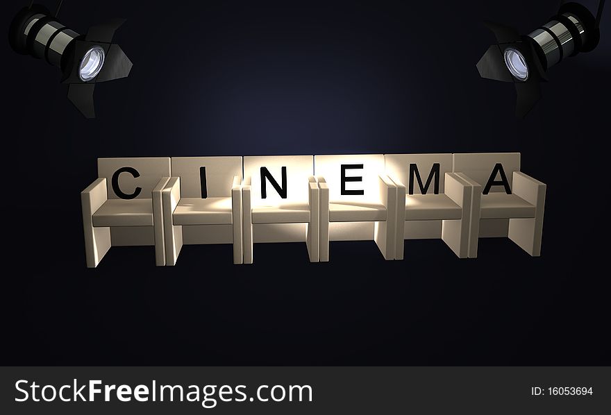 Text cinema on blue background with a spotlight