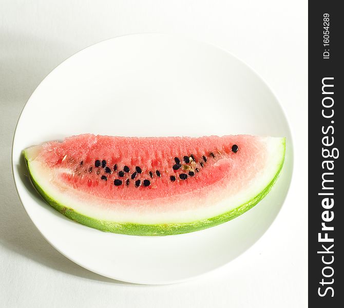 A piece of watermelon on white plate