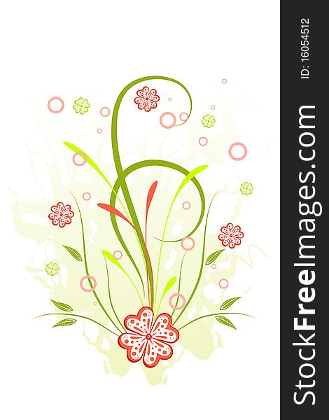 Grunge floral background with red flowers and scroll, vector illustration