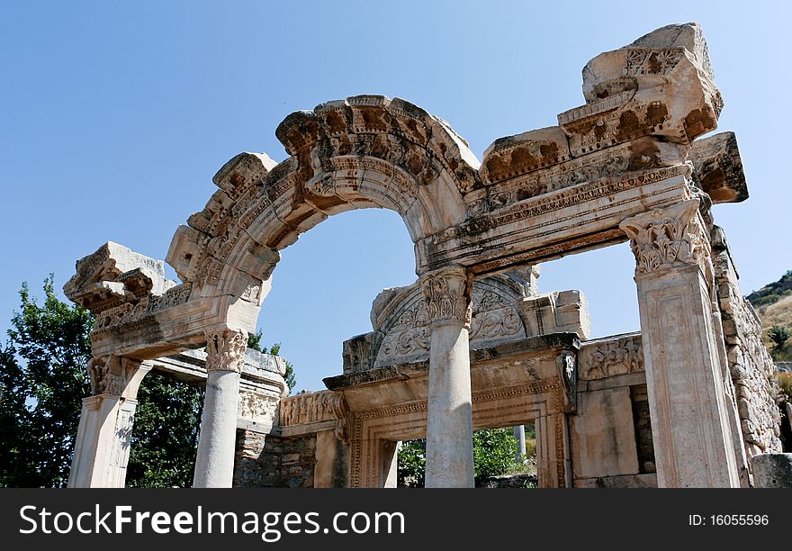 The Temple of Emperor Hadrian in Ephesus, Turkey. The Temple of Emperor Hadrian in Ephesus, Turkey