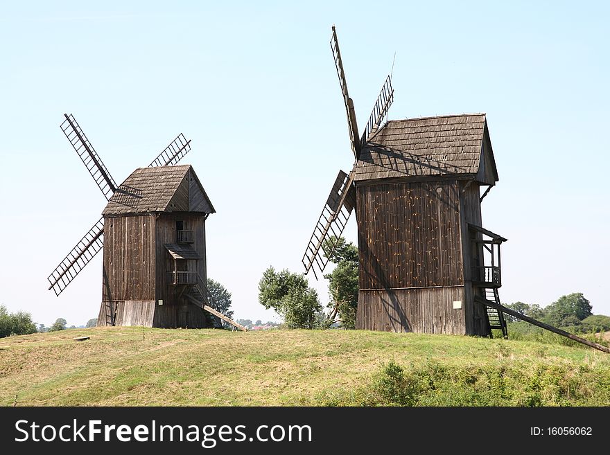 Antique trestle type Windmills (19th century) on a hill