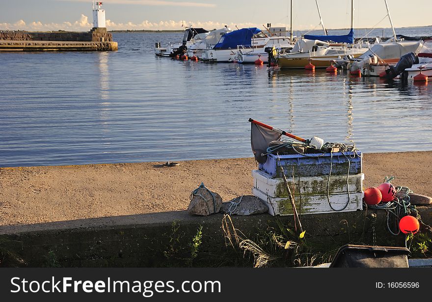 Fishing boxes in Swedish small fishing port. Fishing boxes in Swedish small fishing port