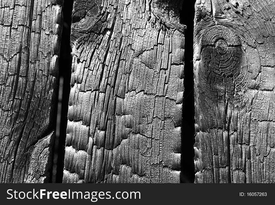 Burnt wooden planks in close up background