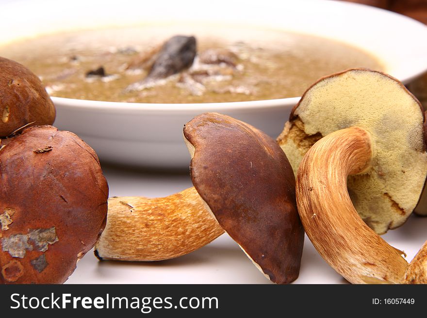 Mushroom soup on a plate surrounded by some mushrooms