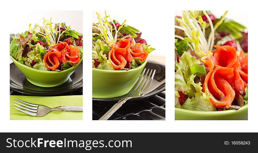 Composition of fresh smoked salmon sockeye salad with lettuce and vegetable. Shallow depth of field. Composition of fresh smoked salmon sockeye salad with lettuce and vegetable. Shallow depth of field.