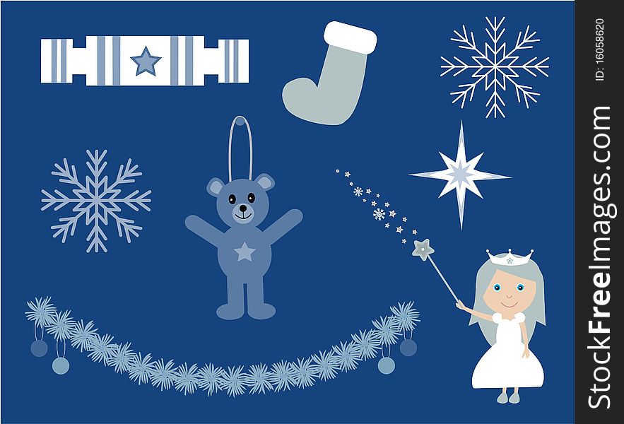 A collection of isolated Christmas elements in blue and white  illustration. A collection of isolated Christmas elements in blue and white  illustration