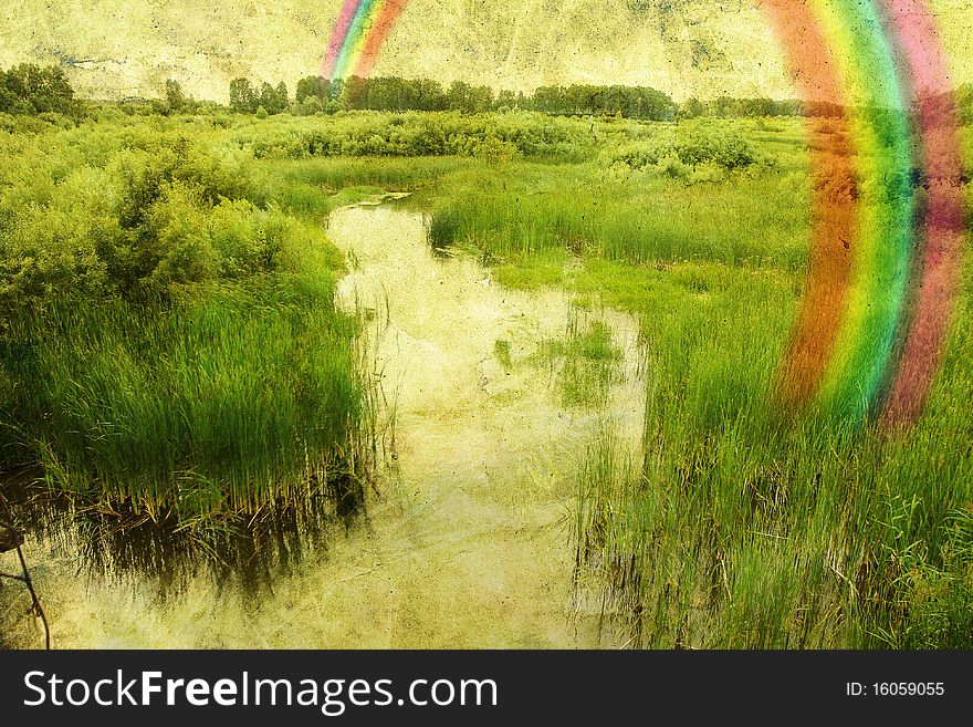 Beautiful river valley, nature old background