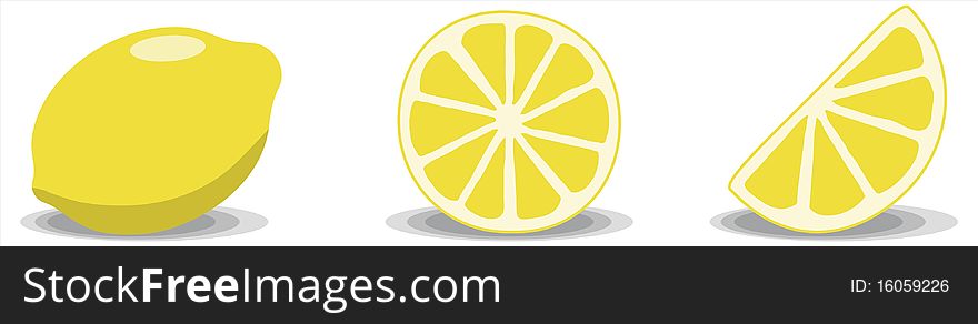Three lemon illustrations on a white background. Full lemon, full slice and half slice. Three lemon illustrations on a white background. Full lemon, full slice and half slice.