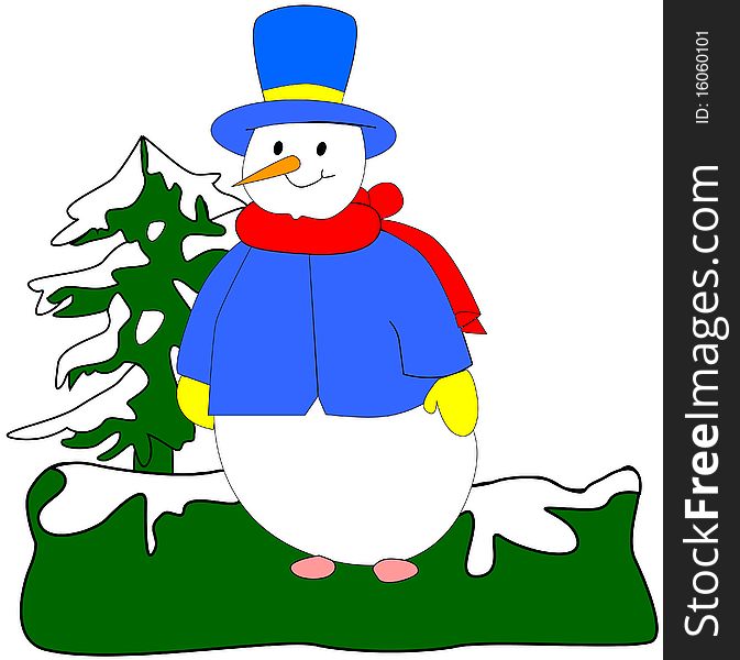 Snowman with christmas tree , illustration