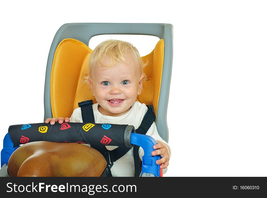 Little boy in the bicycle chair on white. Little boy in the bicycle chair on white