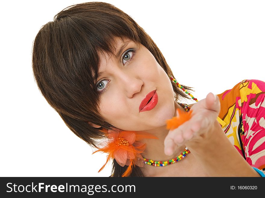 Portrait of beauty girl with feather on palm. Portrait of beauty girl with feather on palm