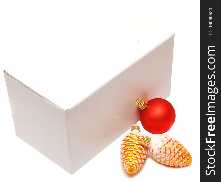 Christmas decoration and gift box on white background